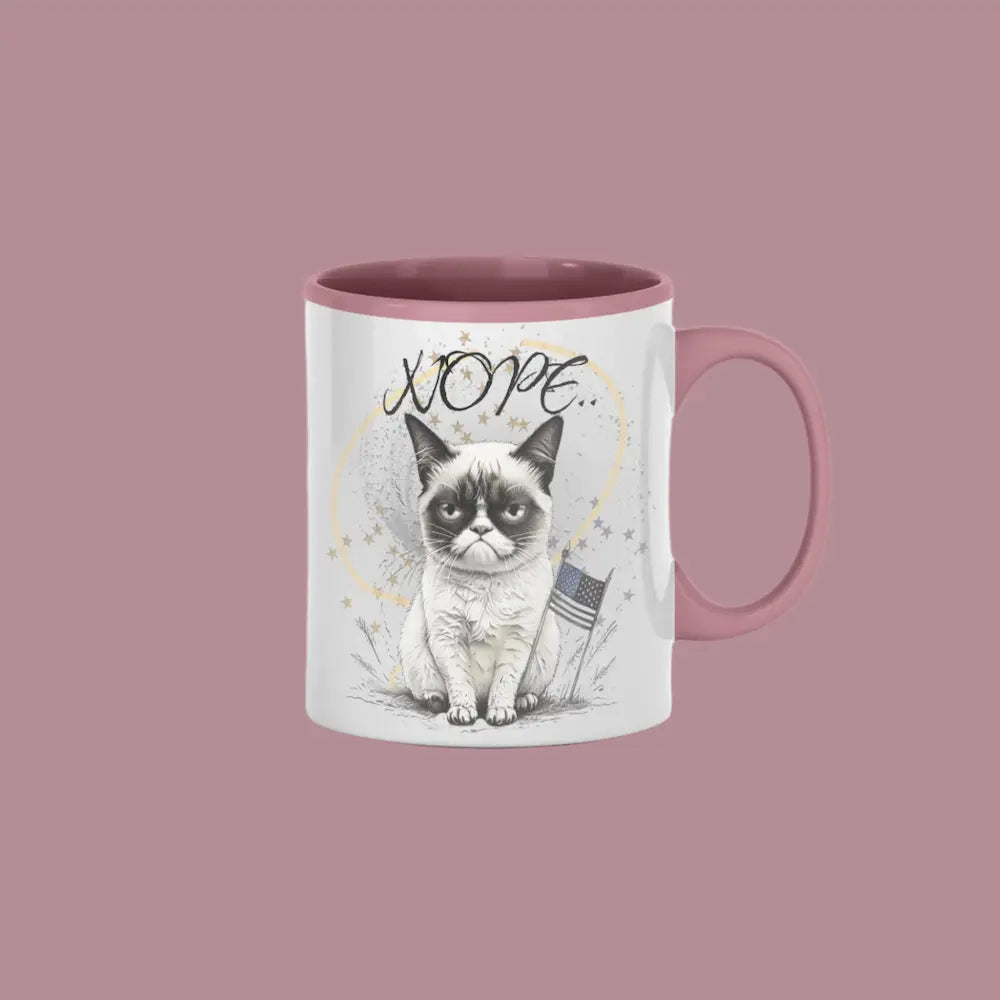 "Custom coffee mug with angry cartoon cat and sarcastic NOPE quote"