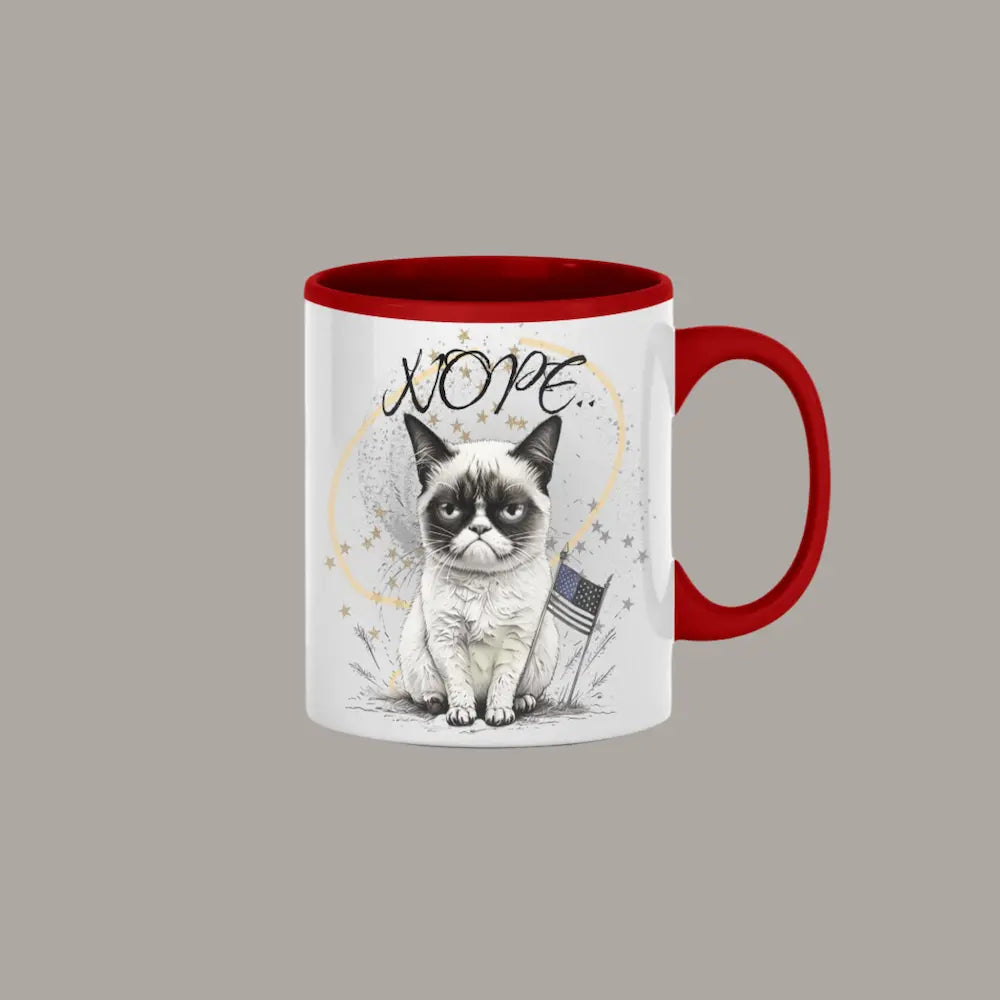 "Custom coffee mug with angry cartoon cat and sarcastic NOPE quote"