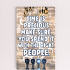 Emotional quote plaque reading “Time Is Precious” in soft script on neutral wood background, styled in a cozy living room setting with natural light.