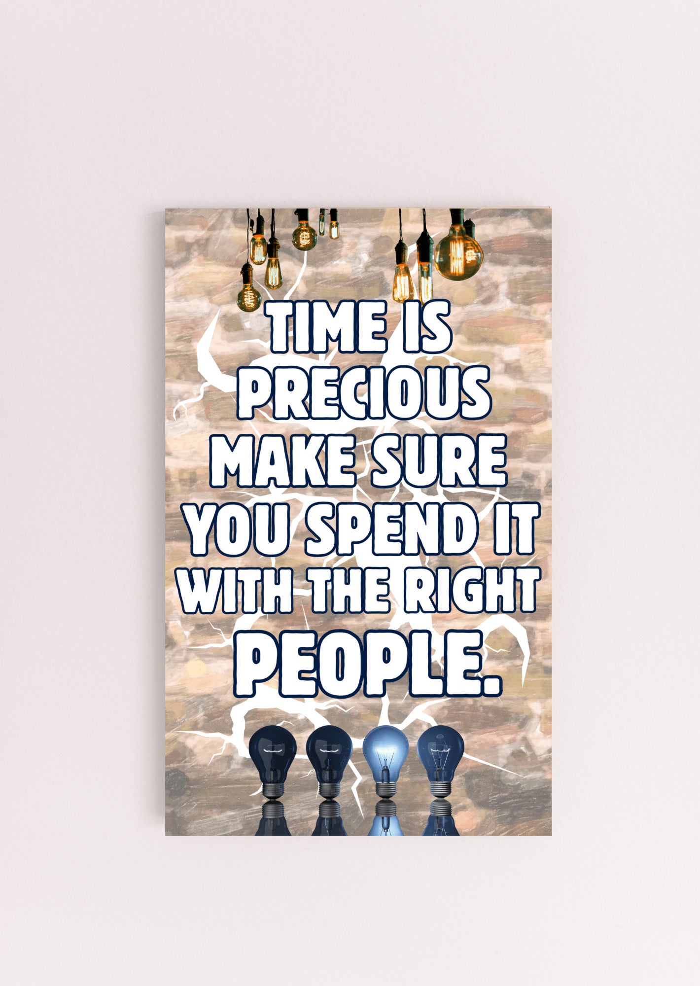 Emotional quote plaque reading “Time Is Precious” in soft script on neutral wood background, styled in a cozy living room setting with natural light.
