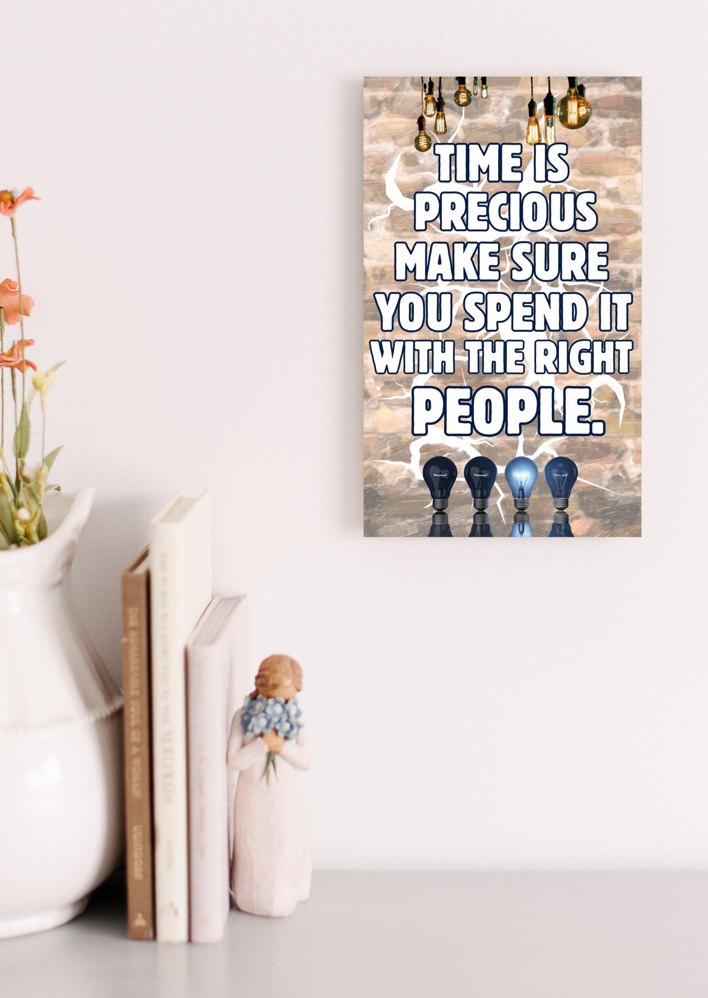 Emotional quote plaque reading “Time Is Precious” in soft script on neutral wood background, styled in a cozy living room setting with natural light.
