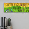 Wooden plaque with bold pink lettering reading “Cart Girl Magic In Progress” featuring cartoon-style golf cart, drink tray, and dollar signs—displayed outdoors.