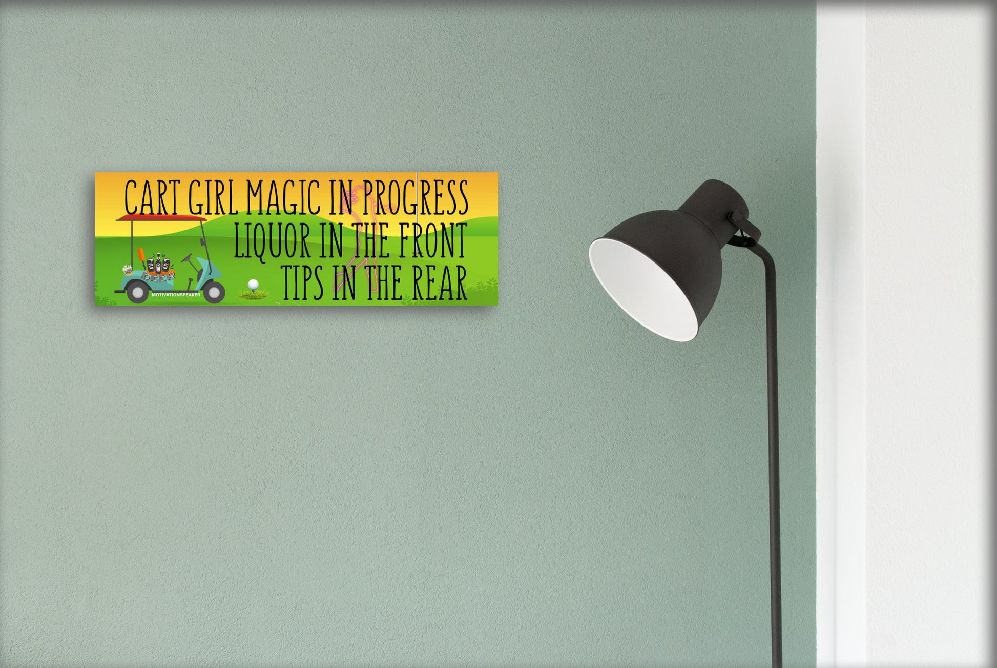 Wooden plaque with bold pink lettering reading “Cart Girl Magic In Progress” featuring cartoon-style golf cart, drink tray, and dollar signs—displayed outdoors.