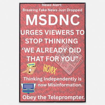 A satirical wall poster with bold text “FAKE MSDNC JUST DROPPED” in news ticker font on a glitch-style red, white, and blue background.
