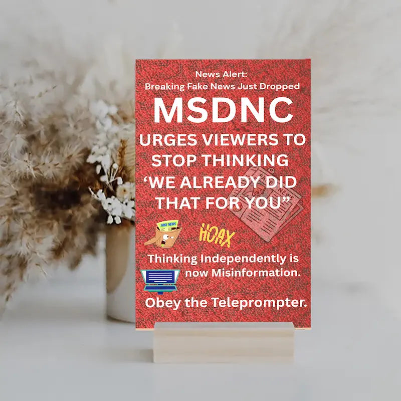 Funny political plaque with “Breaking Fake News – MSDNC” quote printed in bold on wooden sign