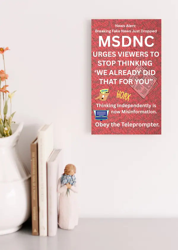 Funny political plaque with “Breaking Fake News – MSDNC” quote printed in bold on wooden sign