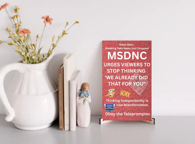 Funny political plaque with “Breaking Fake News – MSDNC” quote printed in bold on wooden sign