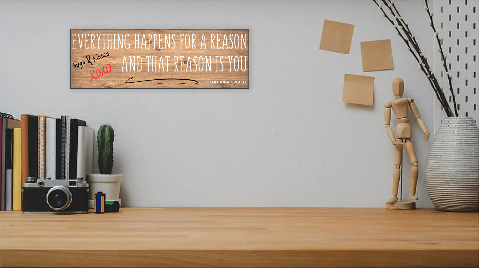 Funny quote plaque with “Everything Happens for a Reason” in bold sarcastic font, mounted on rustic wood-style background.