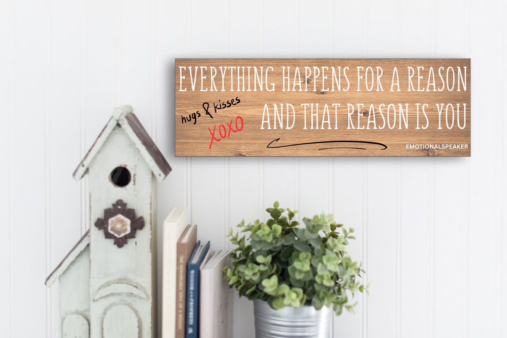 Funny quote plaque with “Everything Happens for a Reason” in bold sarcastic font, mounted on rustic wood-style background.