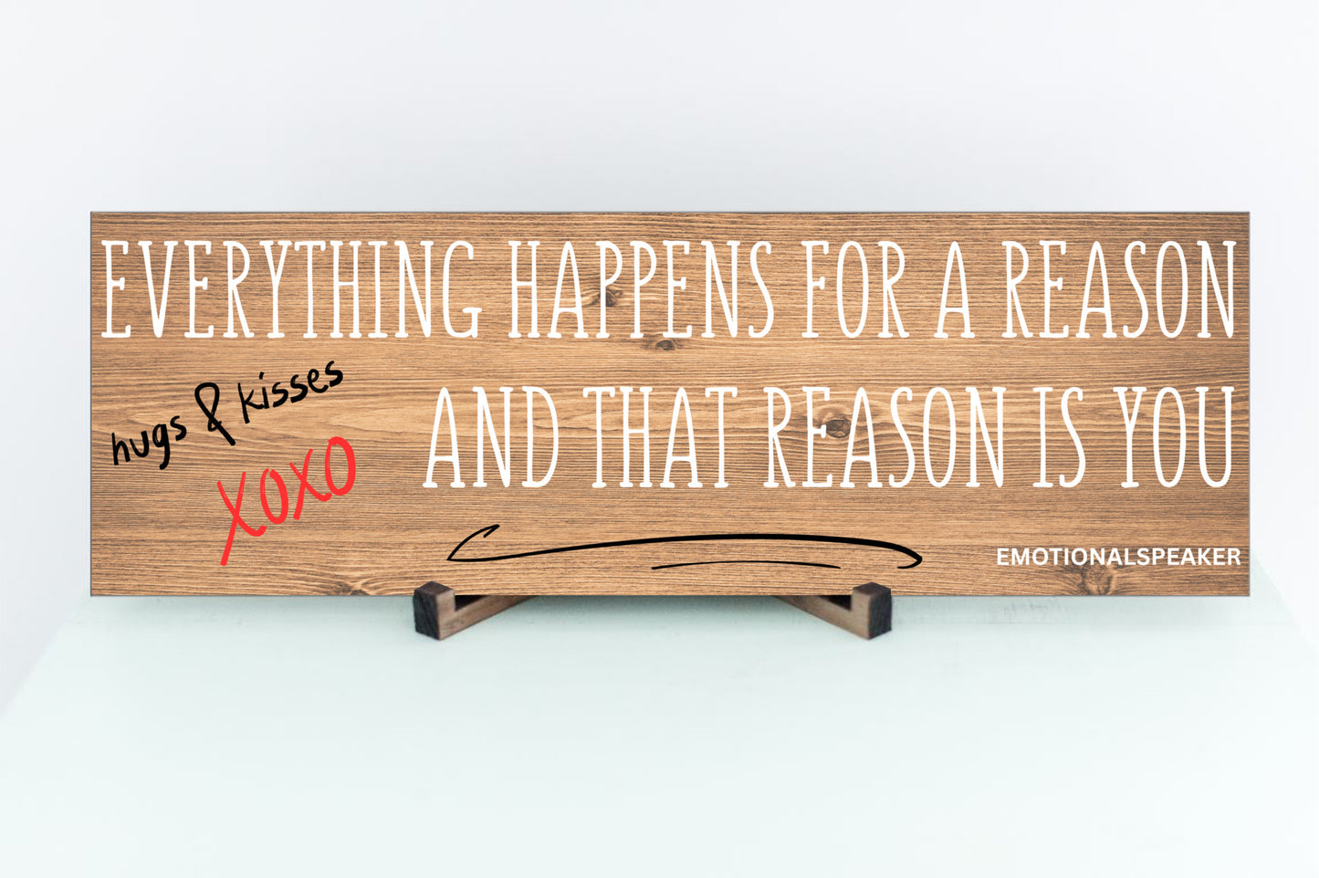 Funny quote plaque with “Everything Happens for a Reason” in bold sarcastic font, mounted on rustic wood-style background.