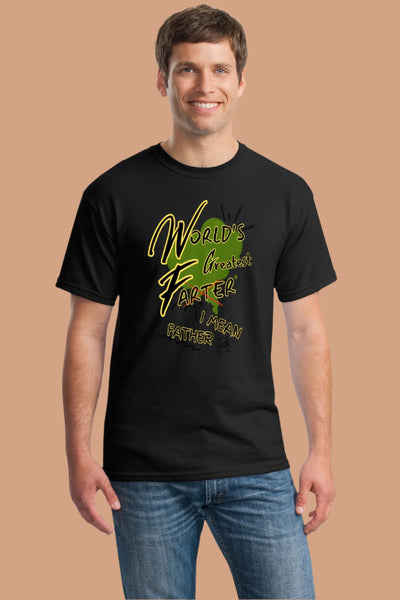 Funny dad shirt that reads “World’s Greatest Farter—I Mean Father” in bold comic font with playful fart cloud graphics. Perfect gag gift for Father's Day.