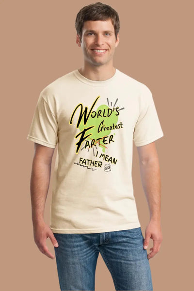 Funny dad wearing “World’s Greatest Farter—I Mean Father” T-shirt at family barbecue, laughing with kids, lighthearted humorous moment.