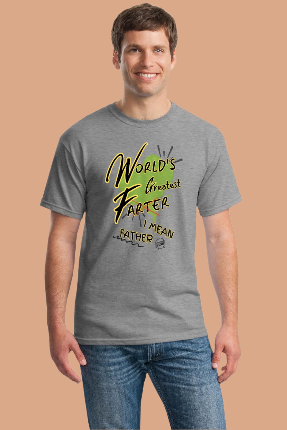 Funny dad shirt that reads “World’s Greatest Farter—I Mean Father” in bold comic font with playful fart cloud graphics. Perfect gag gift for Father's Day.