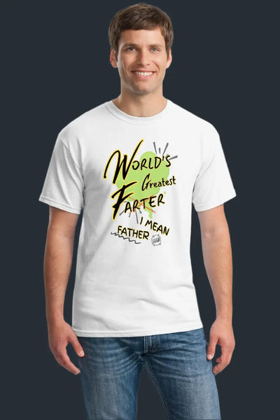 Funny dad wearing “World’s Greatest Farter—I Mean Father” T-shirt at family barbecue, laughing with kids, lighthearted humorous moment.