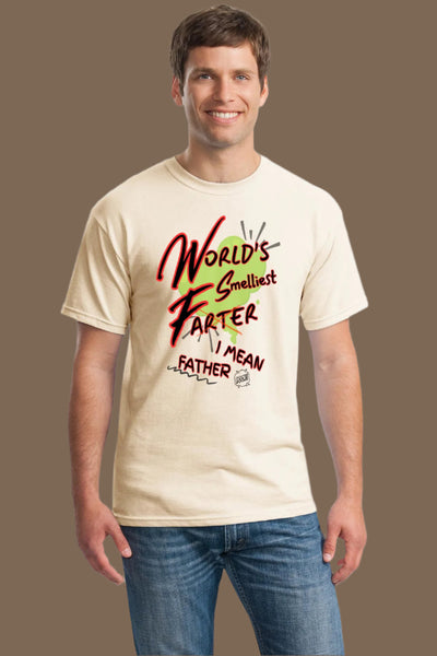 Funny Father’s Day t-shirt that reads “World’s Smelliest Farter—I Mean Father,” with bold comic font and gas cloud graphics, perfect gag gift for Dad.