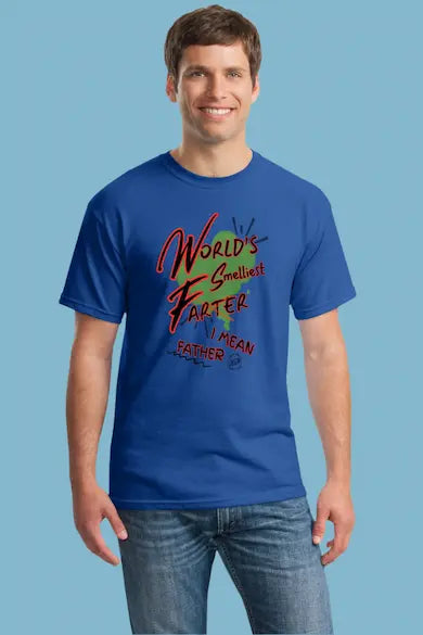 Funny Father’s Day t-shirt that reads “World’s Smelliest Farter—I Mean Father,” with bold comic font and gas cloud graphics, perfect gag gift for Dad.