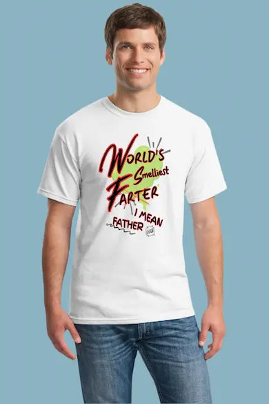 Funny Father’s Day t-shirt that reads “World’s Smelliest Farter—I Mean Father,” with bold comic font and gas cloud graphics, perfect gag gift for Dad.