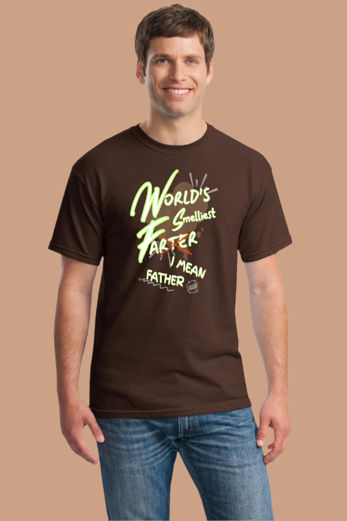 Funny T-shirt with bold text reading “World’s Smelliest Farter—I Mean Father” in sarcastic dad humor style
