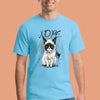Man wearing a blue t-shirt with a cat graphic and 'NOPE' text on an orange background