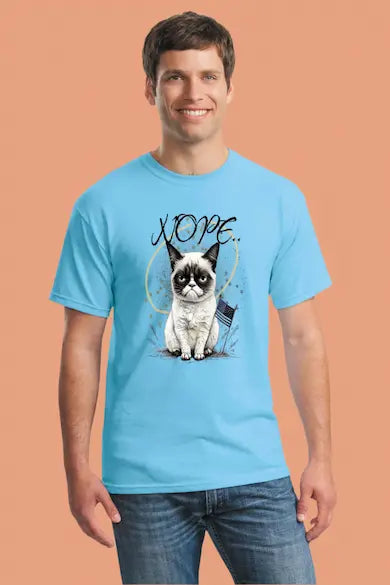 Man wearing a blue t-shirt with a cat graphic and 'NOPE' text on an orange background