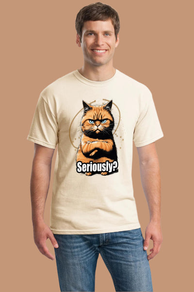 Funny cat T-shirt with “Top Cat Seriously” phrase and cartoon feline staring unimpressed