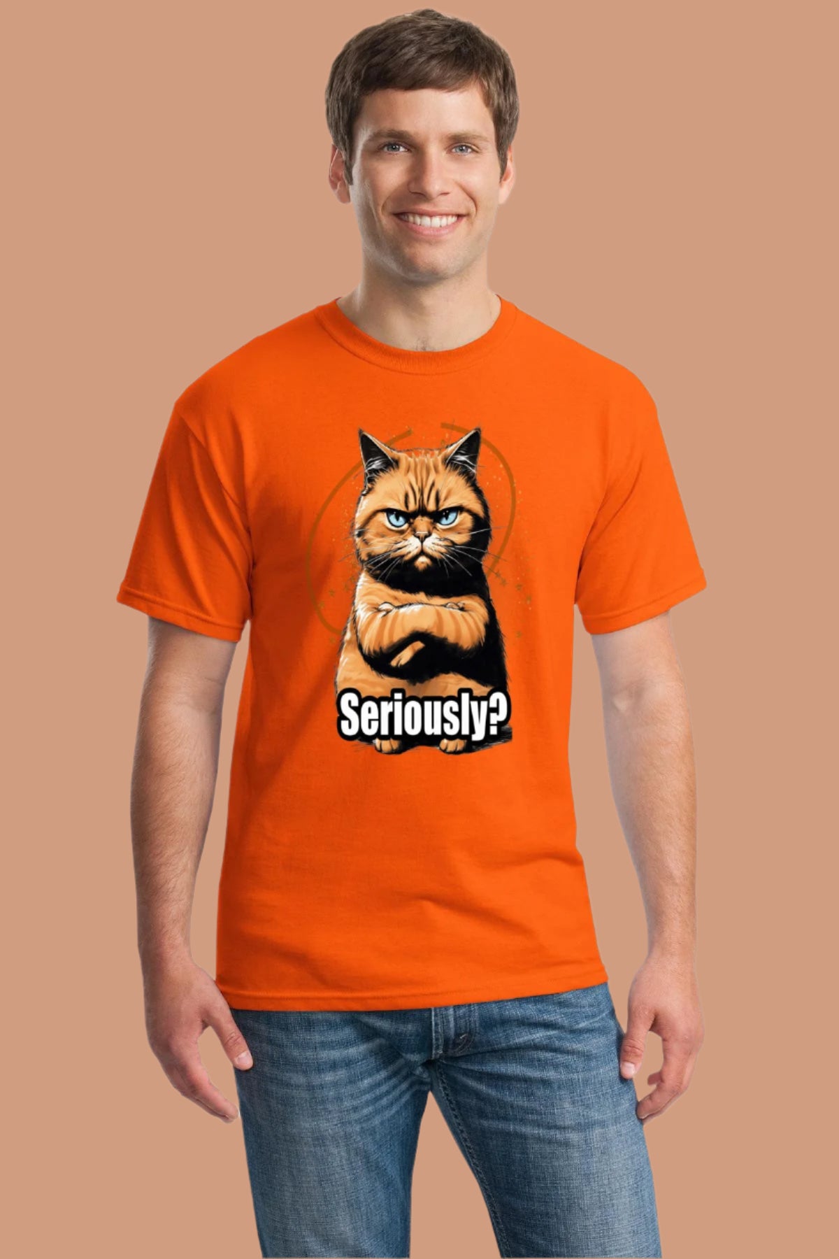 Funny cat T-shirt with “Top Cat Seriously” phrase and cartoon feline staring unimpressed