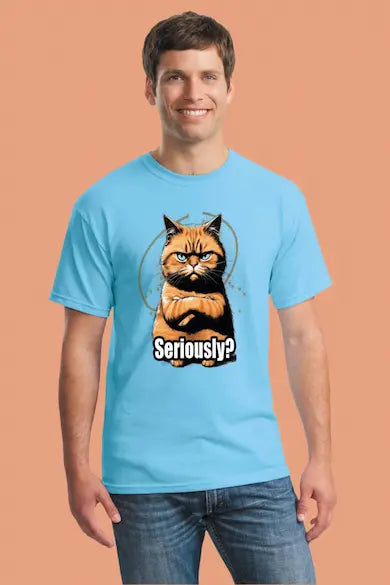 Funny cat T-shirt with “Top Cat Seriously” phrase and cartoon feline staring unimpressed