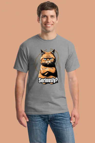 Funny cat T-shirt with “Top Cat Seriously” phrase and cartoon feline staring unimpressed