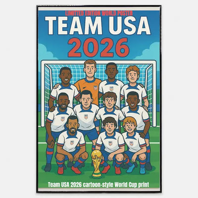 Cartoon-style USMNT soccer team posing in front of a goalpost with the FIFA World Cup trophy in front and "TEAM USA 2026" text above them.