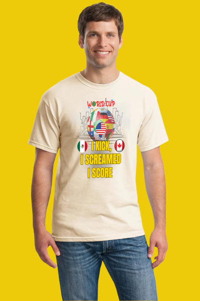 World Cup 2026 soccer shirt with “I Kick, I Screamed, I Score” slogan in dynamic bold font and energetic design