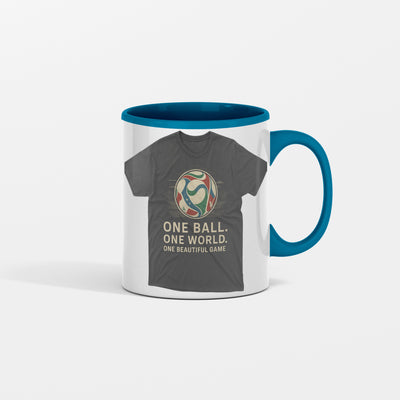 White ceramic mug featuring a bold graphic that mimics a classic World Cup soccer T-shirt—text reads “World Cup Tee on a Mug” with sporty accents.
