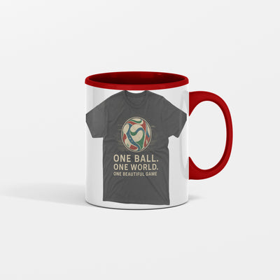 White ceramic mug featuring a bold graphic that mimics a classic World Cup soccer T-shirt—text reads “World Cup Tee on a Mug” with sporty accents.