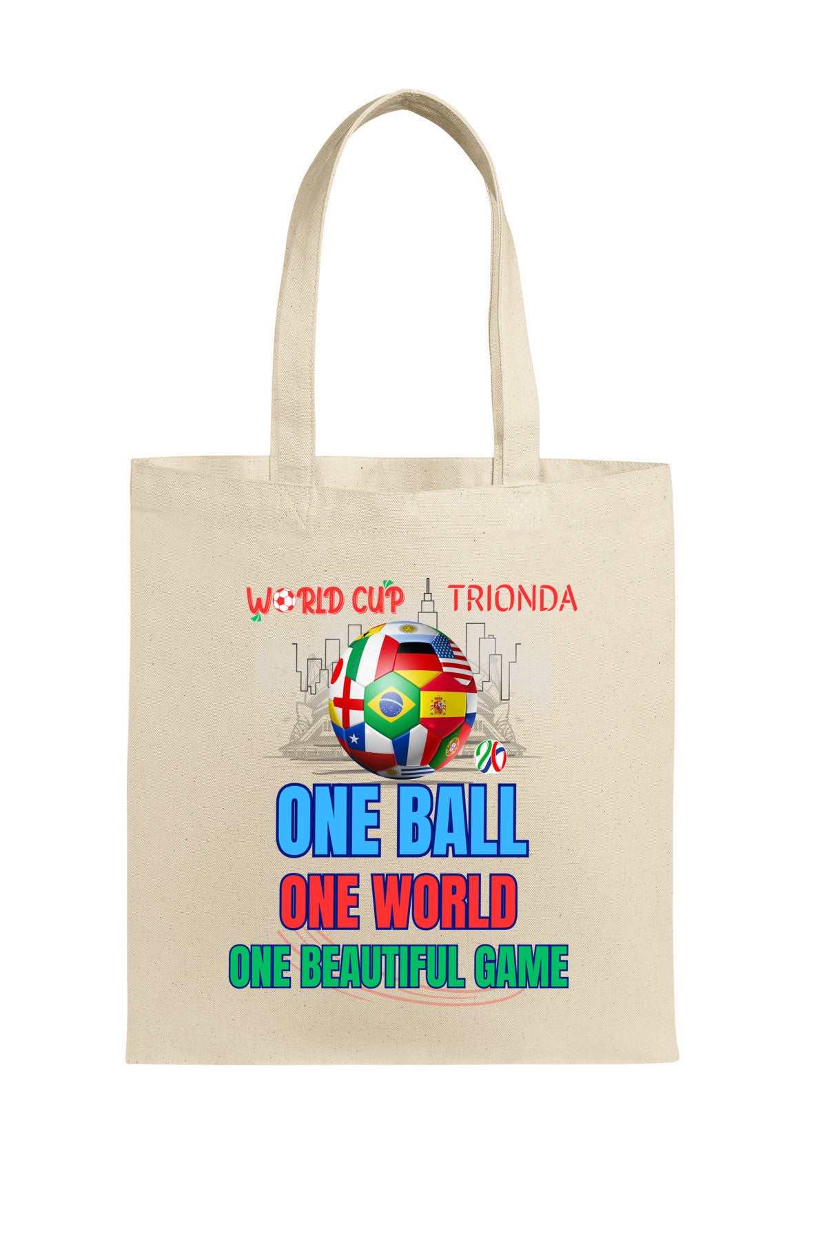 "World Cup 2026 Tote Bag – One Ball One World eco-friendly cotton canvas fan merch inspired by Trionda match ball"