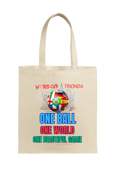"World Cup 2026 Tote Bag – One Ball One World eco-friendly cotton canvas fan merch inspired by Trionda match ball"