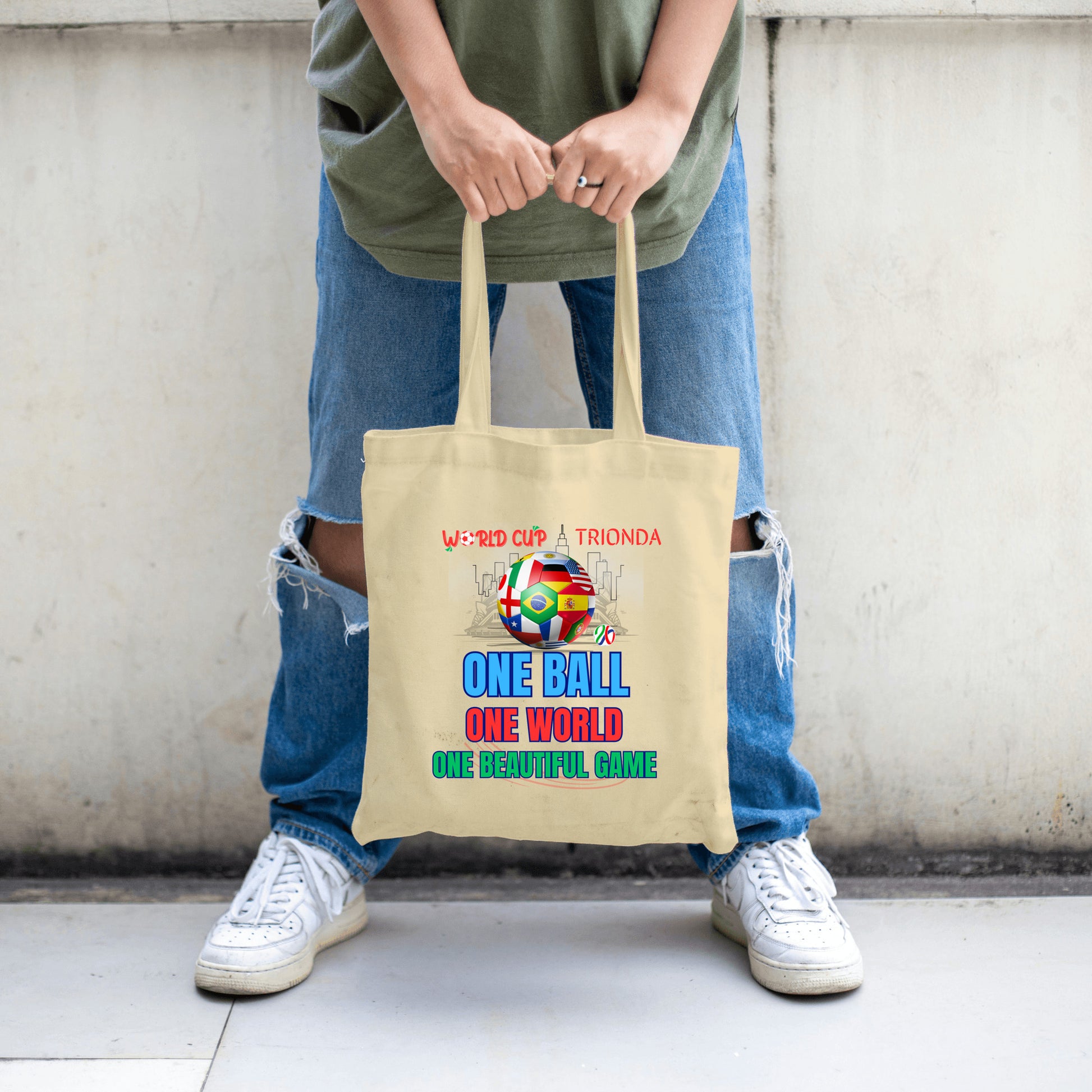 "World Cup 2026 Tote Bag – One Ball One World eco-friendly cotton canvas fan merch inspired by Trionda match ball"