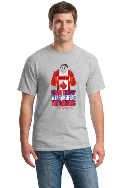 Canada 2026 soccer shirt with “Chase the Cup – Wear the Flag – The Canucks” slogan in red and white, designed for Canadian soccer fans