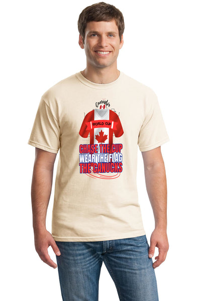 Canada 2026 soccer shirt with “Chase the Cup – Wear the Flag – The Canucks” slogan in red and white, designed for Canadian soccer fans