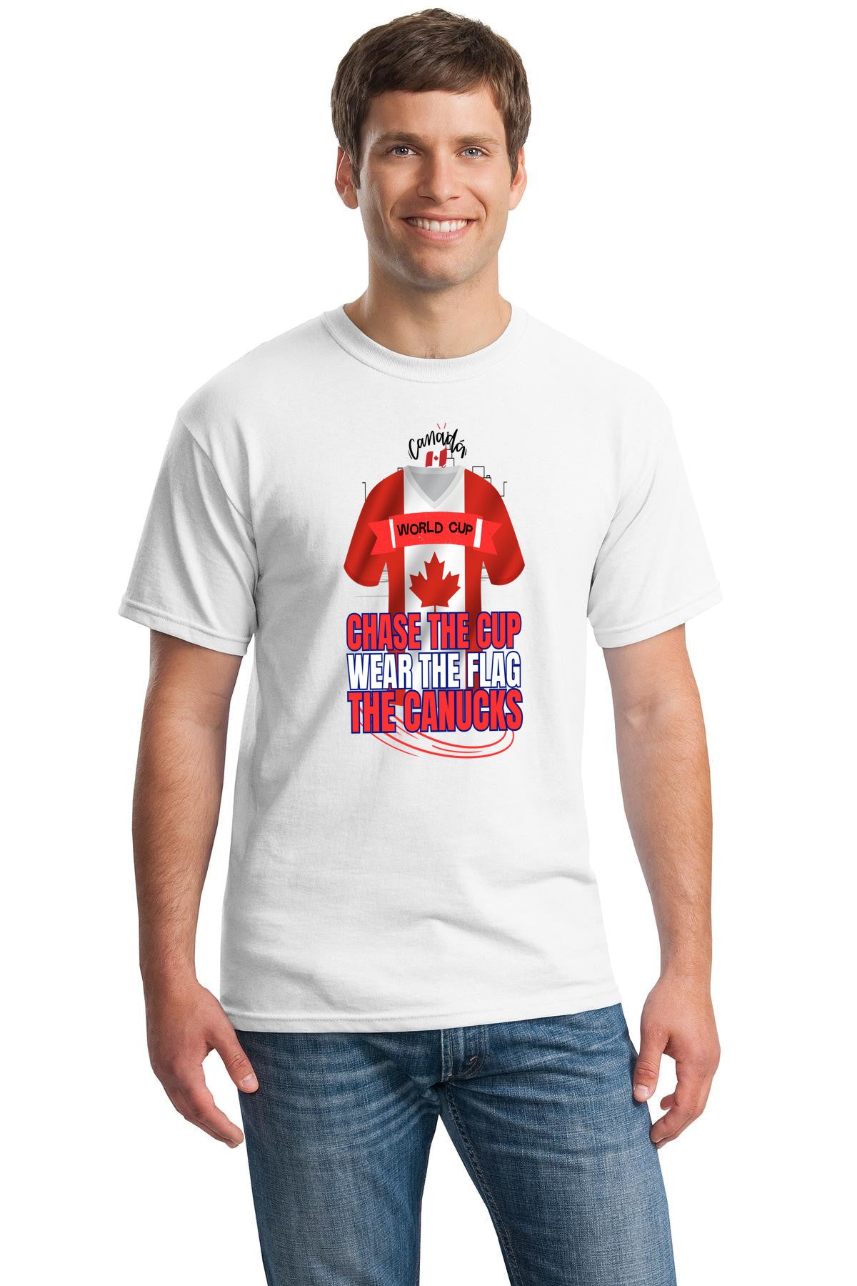 Canada 2026 soccer shirt with “Chase the Cup – Wear the Flag – The Canucks” slogan in red and white, designed for Canadian soccer fans