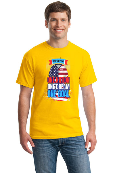 World Cup 2026 shirt with “One Nation – One Dream – One Goal” slogan in bold font with global soccer icon imagery in patriotic colors