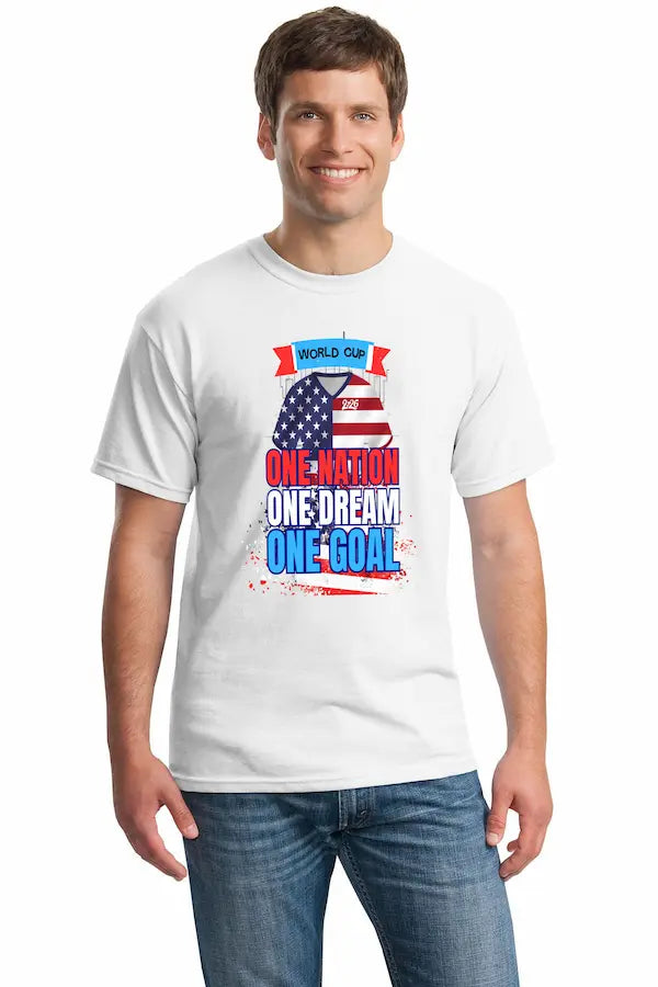World Cup 2026 shirt with “One Nation – One Dream – One Goal” slogan in bold font with global soccer icon imagery in patriotic colors
