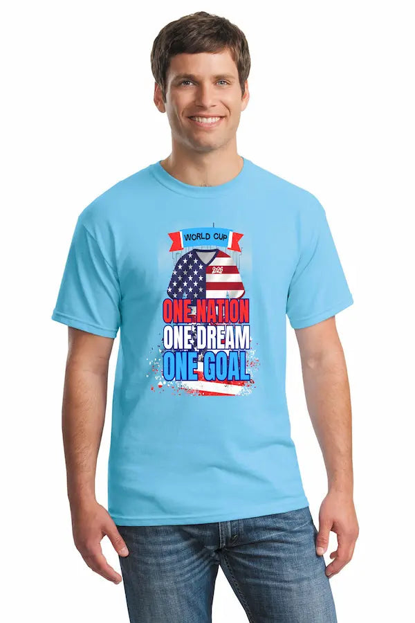 World Cup 2026 shirt with “One Nation – One Dream – One Goal” slogan in bold font with global soccer icon imagery in patriotic colors