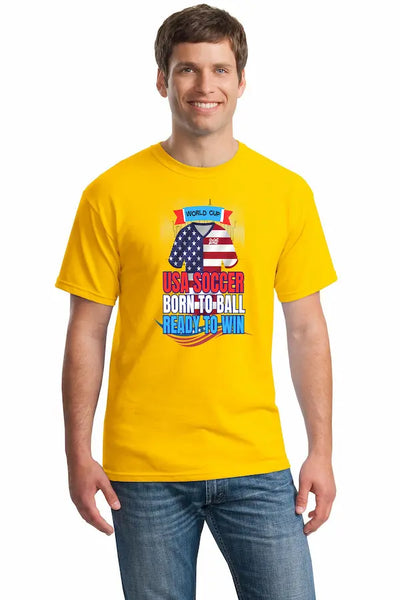 USA soccer World Cup 2026 shirt with “Born to Ball – Ready to Win” slogan in bold red, white, and blue design