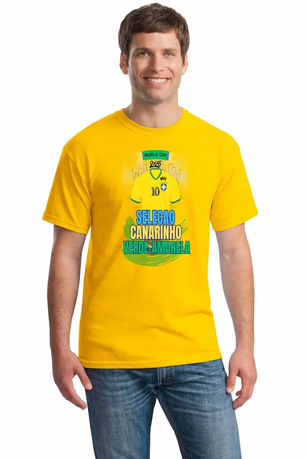 Brazil 2026 shirt with “Selecao – Canarinho – Verde Amarela” in bold green and yellow, styled for World Cup soccer fans