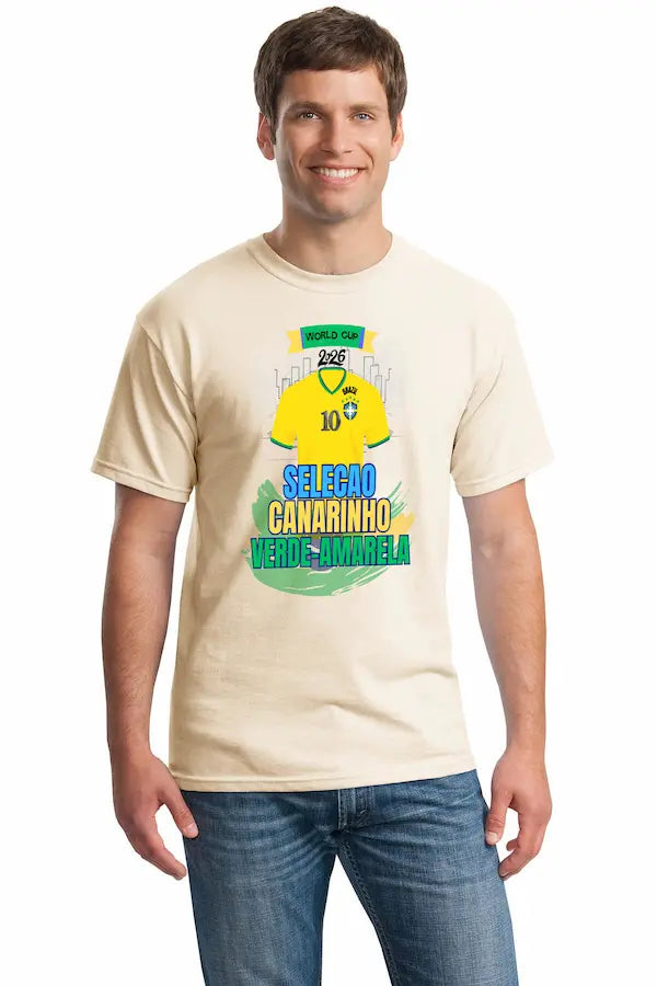 Brazil 2026 shirt with “Selecao – Canarinho – Verde Amarela” in bold green and yellow, styled for World Cup soccer fans