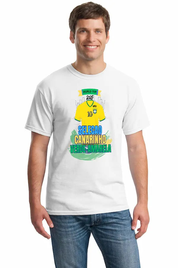 Brazil 2026 shirt with “Selecao – Canarinho – Verde Amarela” in bold green and yellow, styled for World Cup soccer fans