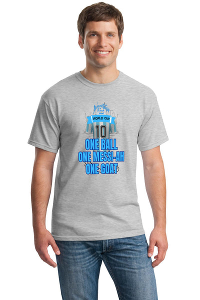 Messi World Cup 2026 tribute shirt with slogan “One Ball – One Messi-Ah – One GOAT” in bold typography, featuring subtle goat and halo artwork