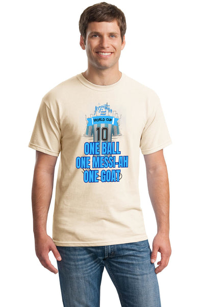 Messi World Cup 2026 tribute shirt with slogan “One Ball – One Messi-Ah – One GOAT” in bold typography, featuring subtle goat and halo artwork