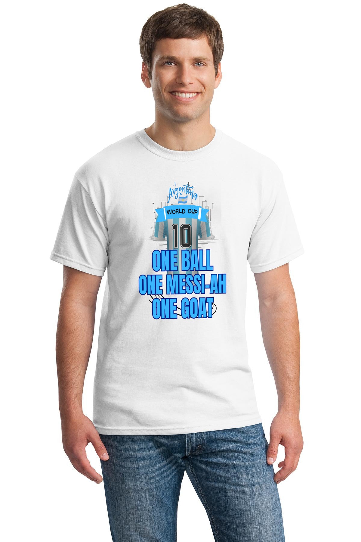 Messi World Cup 2026 tribute shirt with slogan “One Ball – One Messi-Ah – One GOAT” in bold typography, featuring subtle goat and halo artwork