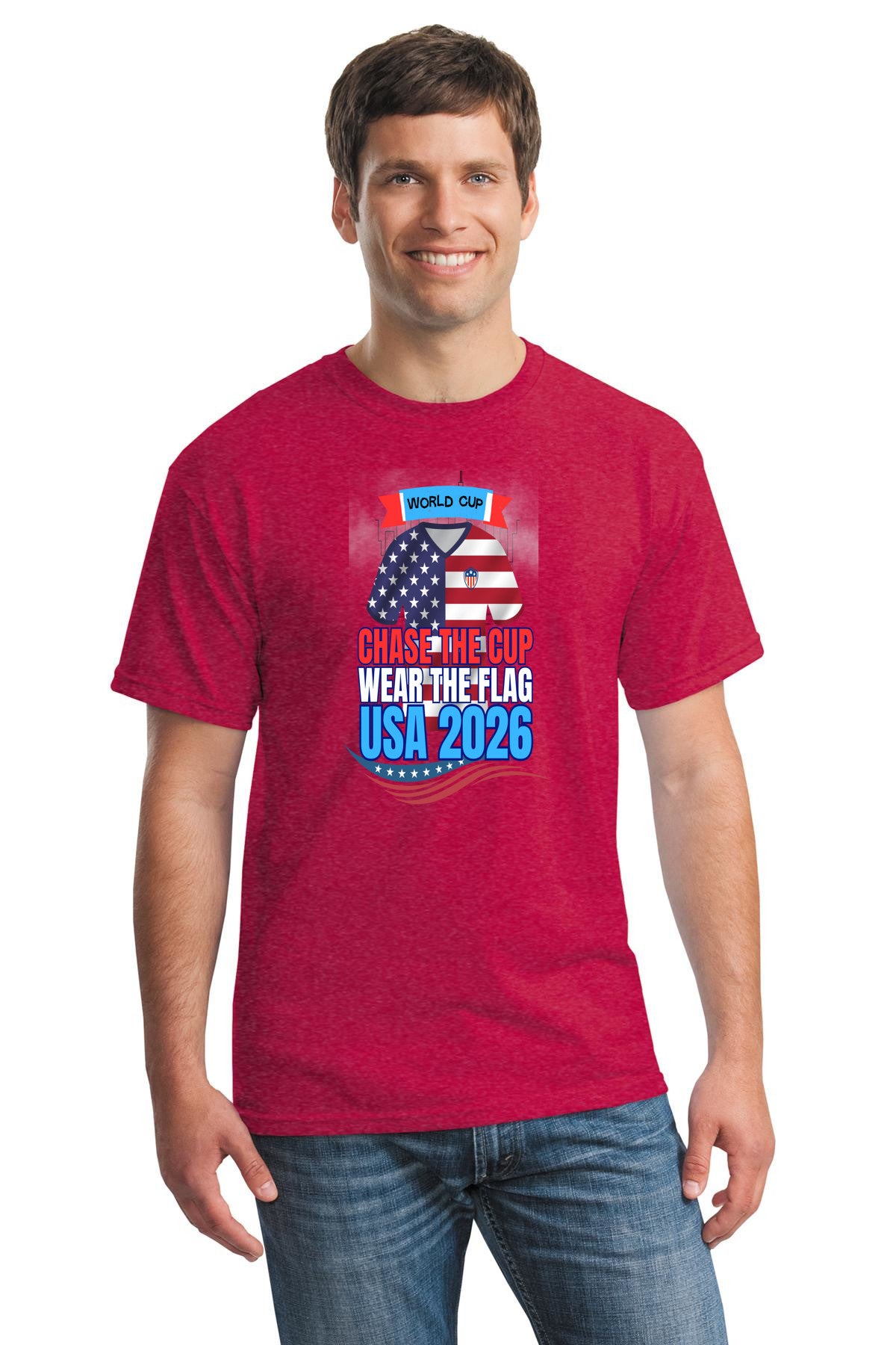 USA 2026 World Cup shirt with “Chase the Cup – Wear the Flag” slogan in bold red, white, and blue patriotic design