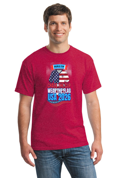 USA 2026 World Cup shirt with “Chase the Cup – Wear the Flag” slogan in bold red, white, and blue patriotic design